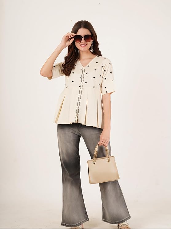 Brownverse Pure Cotton Embroidered Women Short Kurti
